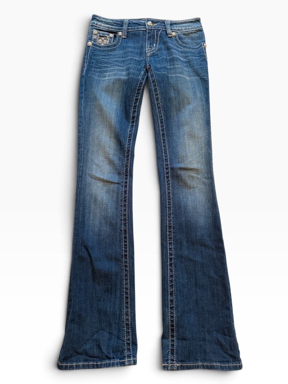 Miss Me Vintage Blue Embellished Pocket Low Rise Bootcut Jeans 25
